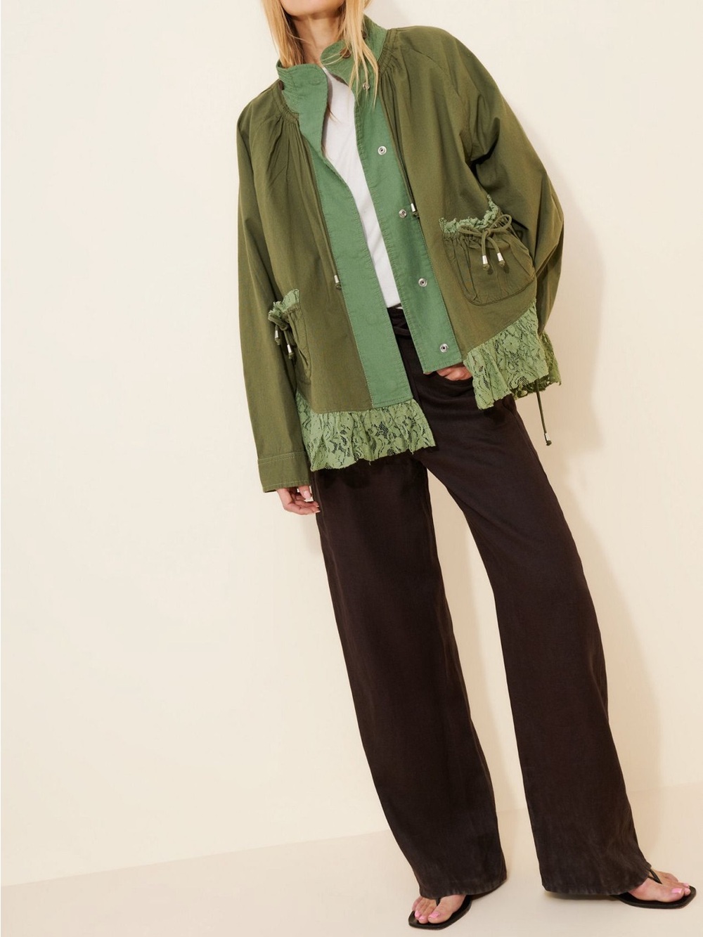 Free People Olive Green Lace-Trim Utility Jacket